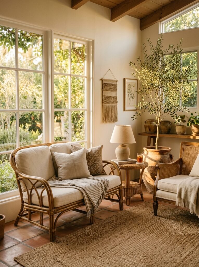 sunroom with rattan furniture
