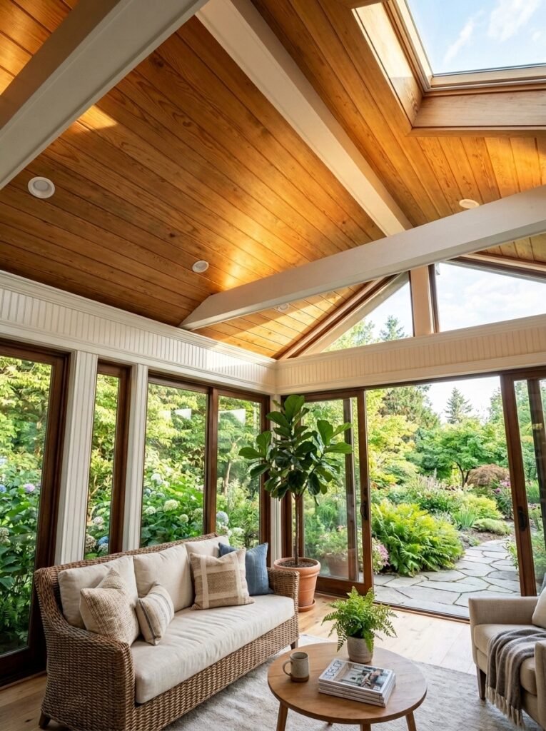 sunroom with wood ceiling
