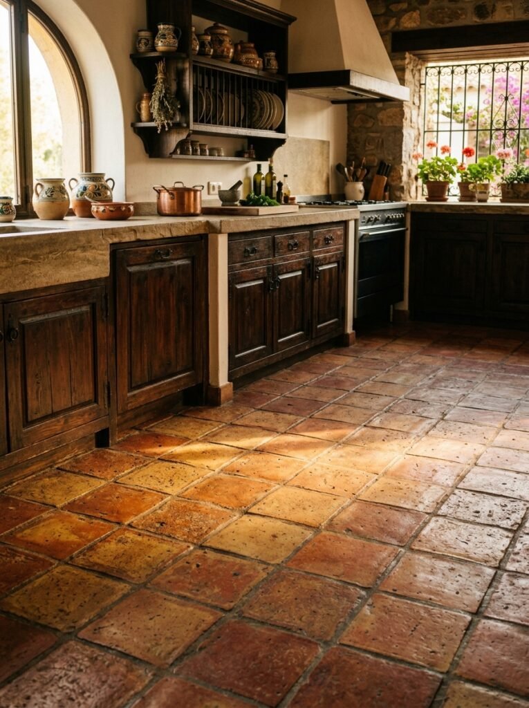 Terracotta tile flooring in a Spanish style kitchen