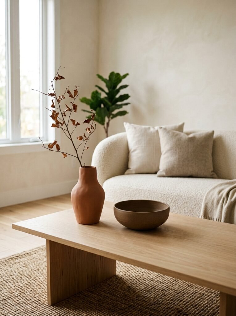 Sculptural terracotta vase with a dried branch on a modern fall coffee table