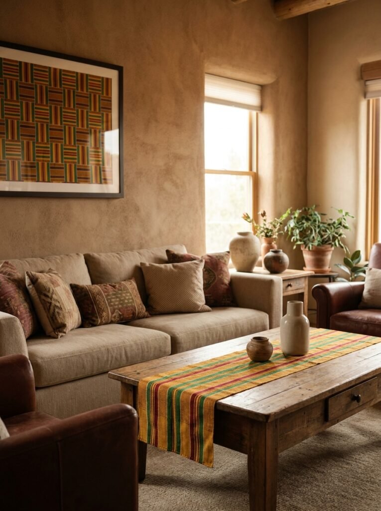 Kente-inspired table runner and framed textile in a warm living room