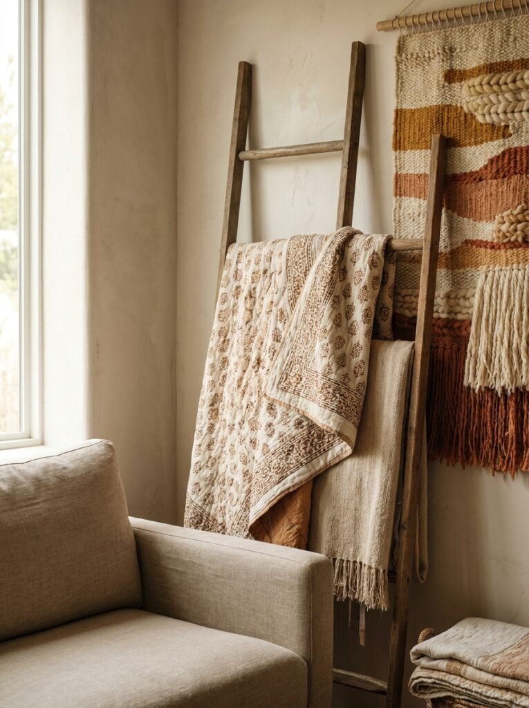 Woven wall hanging and draped textiles on a ladder rack