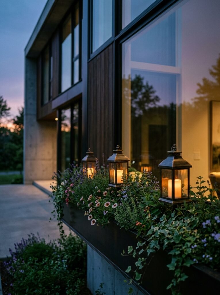 Cozy autumn window box styling with black metal candle lanterns tucked between seasonal plants for evening lighting.
