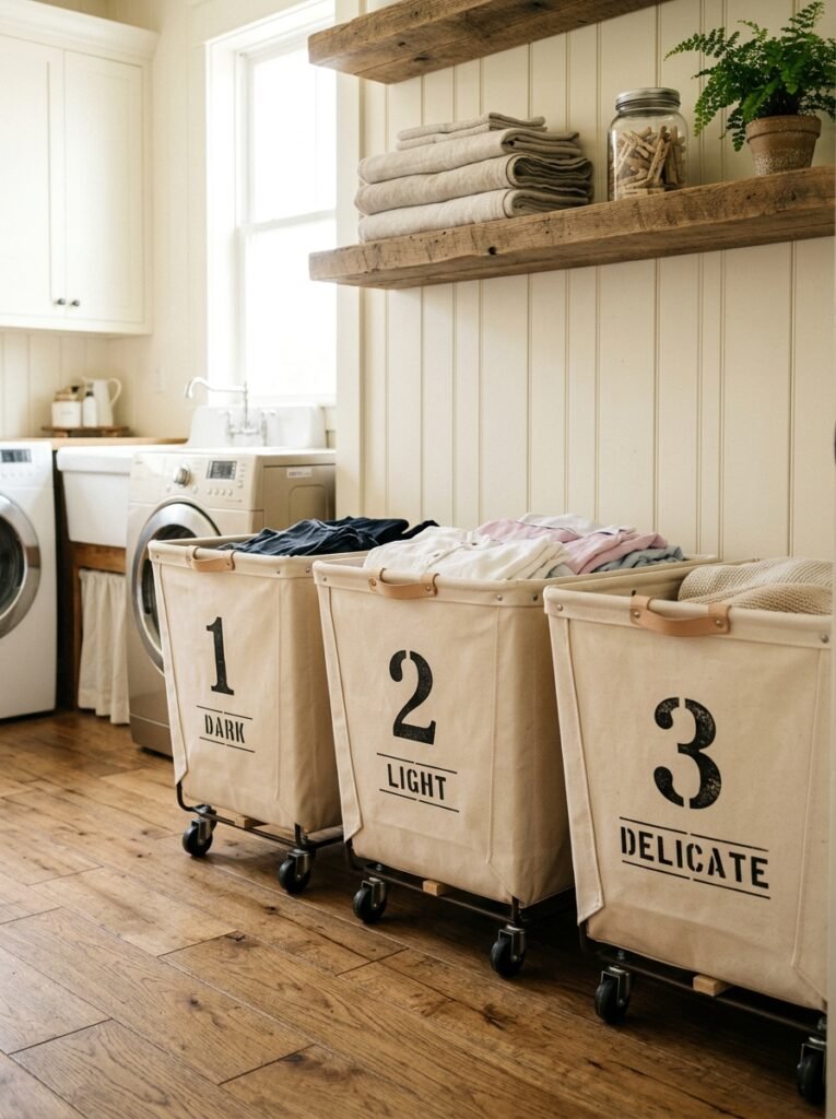 Three numbered canvas laundry sorting bins