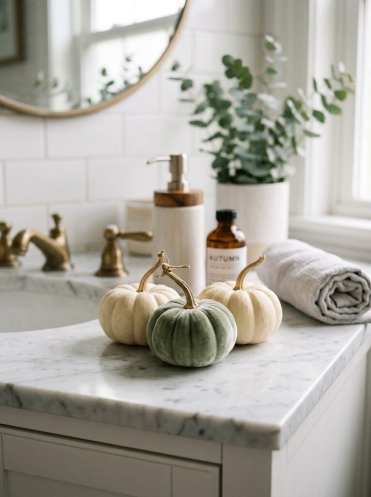 Three mini velvet pumpkins on a bathroom counter
