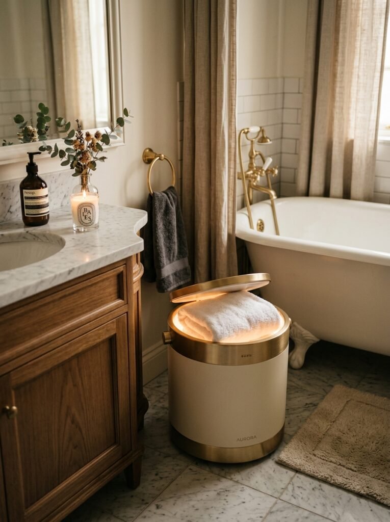 Bucket-style towel warmer with a folded towel