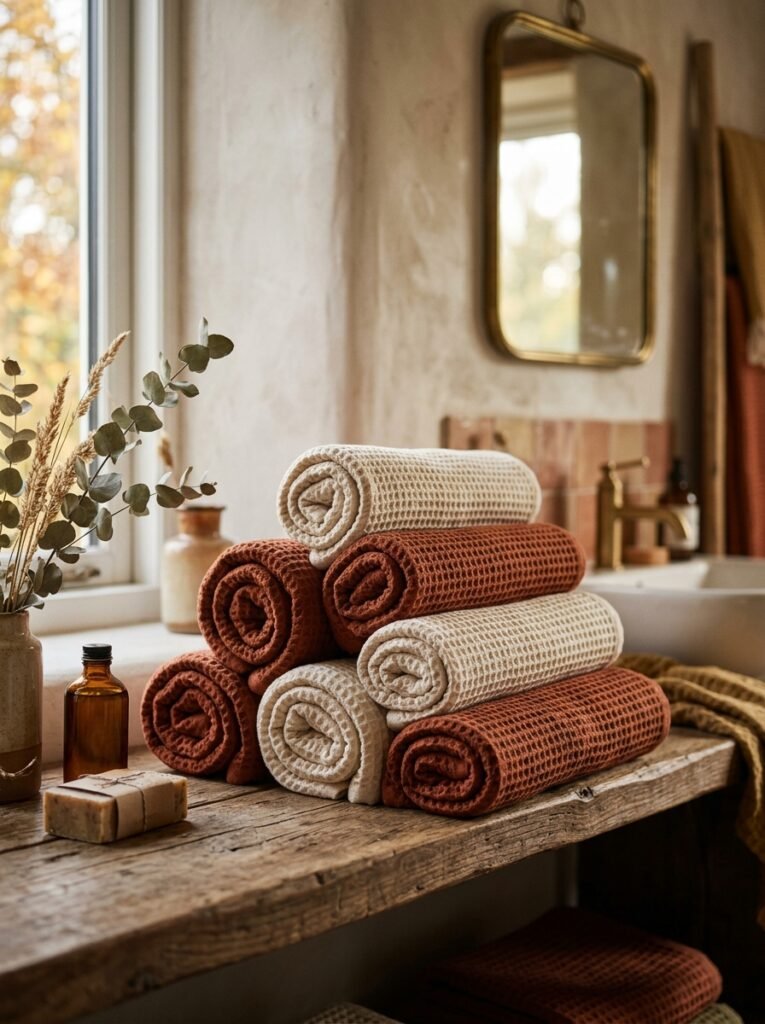 Rust and cream waffle-weave towels in a fall bathroom