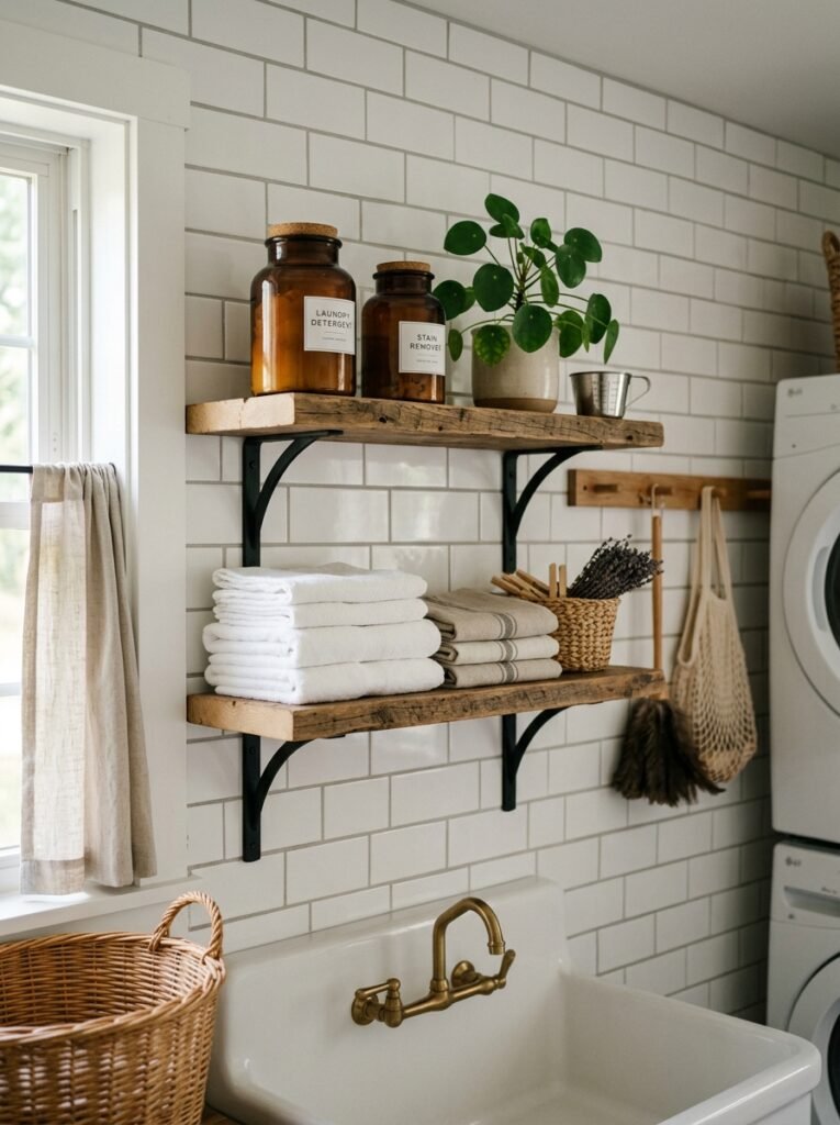 Wood shelves on black iron brackets in a laundry room