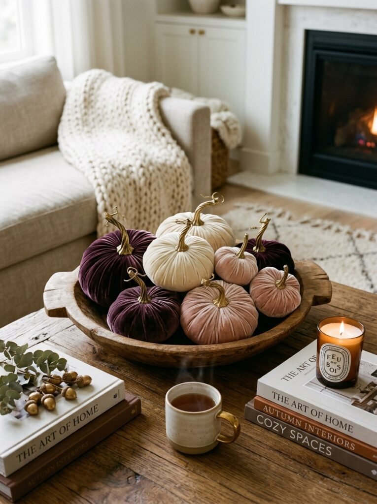 velvet pumpkins in wooden bowl 