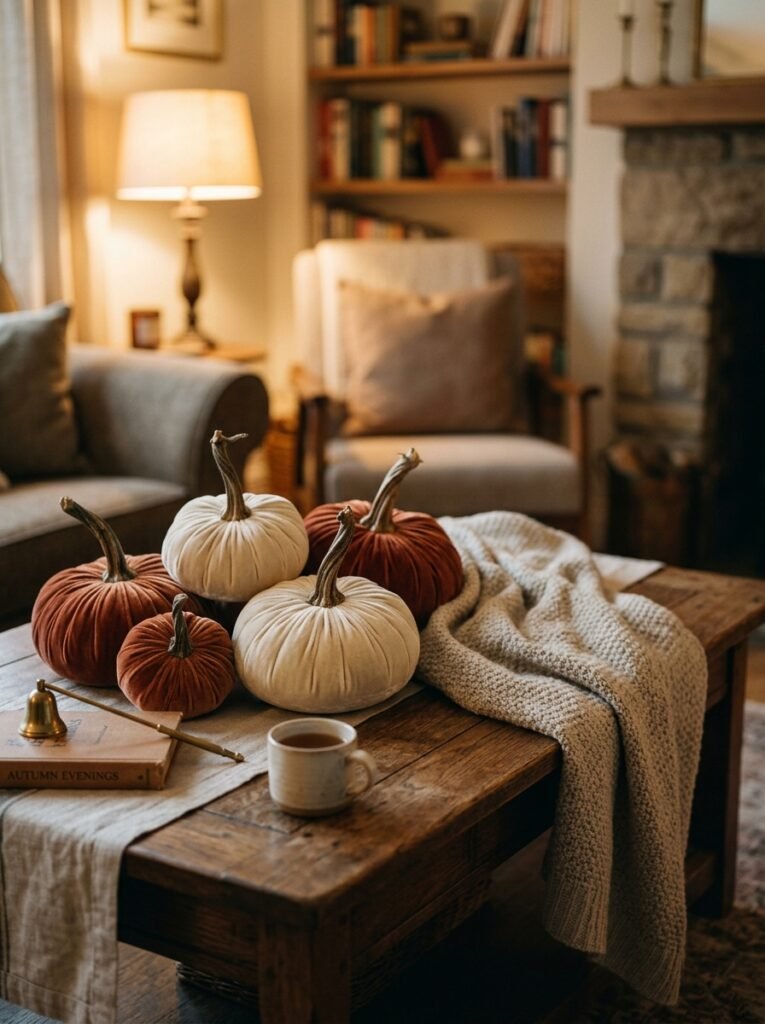 Velvet pumpkins in cream and rust on a wooden coffee table