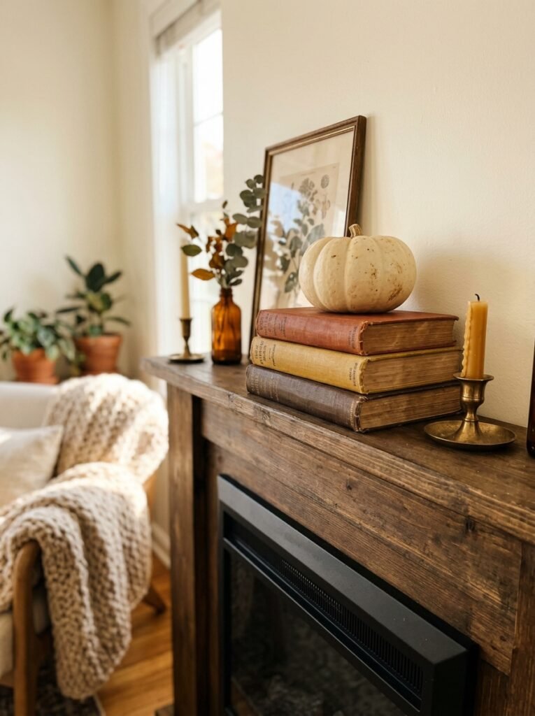 vintage books and pumpkin display 