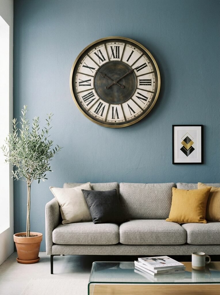 vintage clock above sofa 