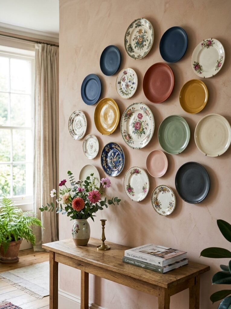vintage floral plates on walls