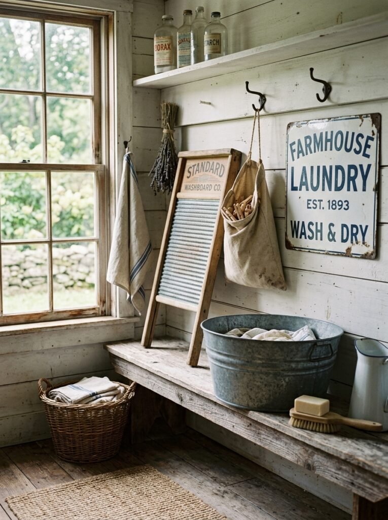 Vintage washboard and clothespin bag in a laundry room