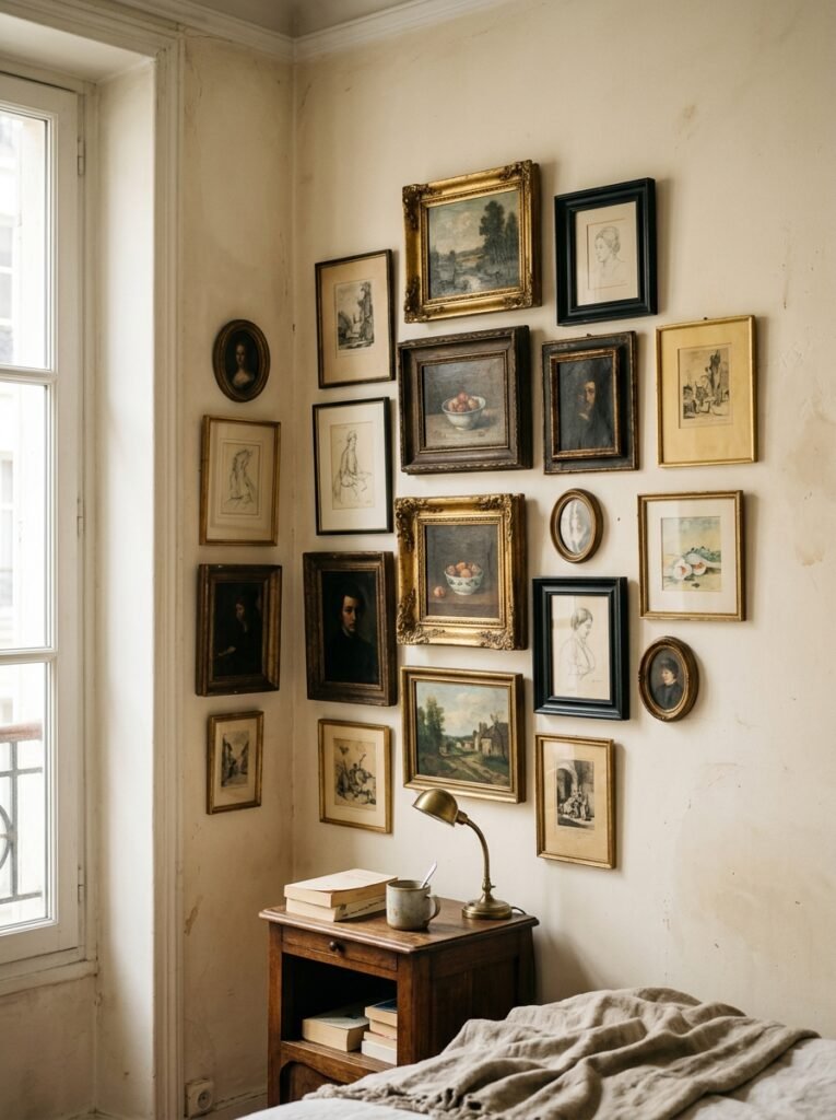 Vintage oil paintings in mixed frames on a bedroom wall
