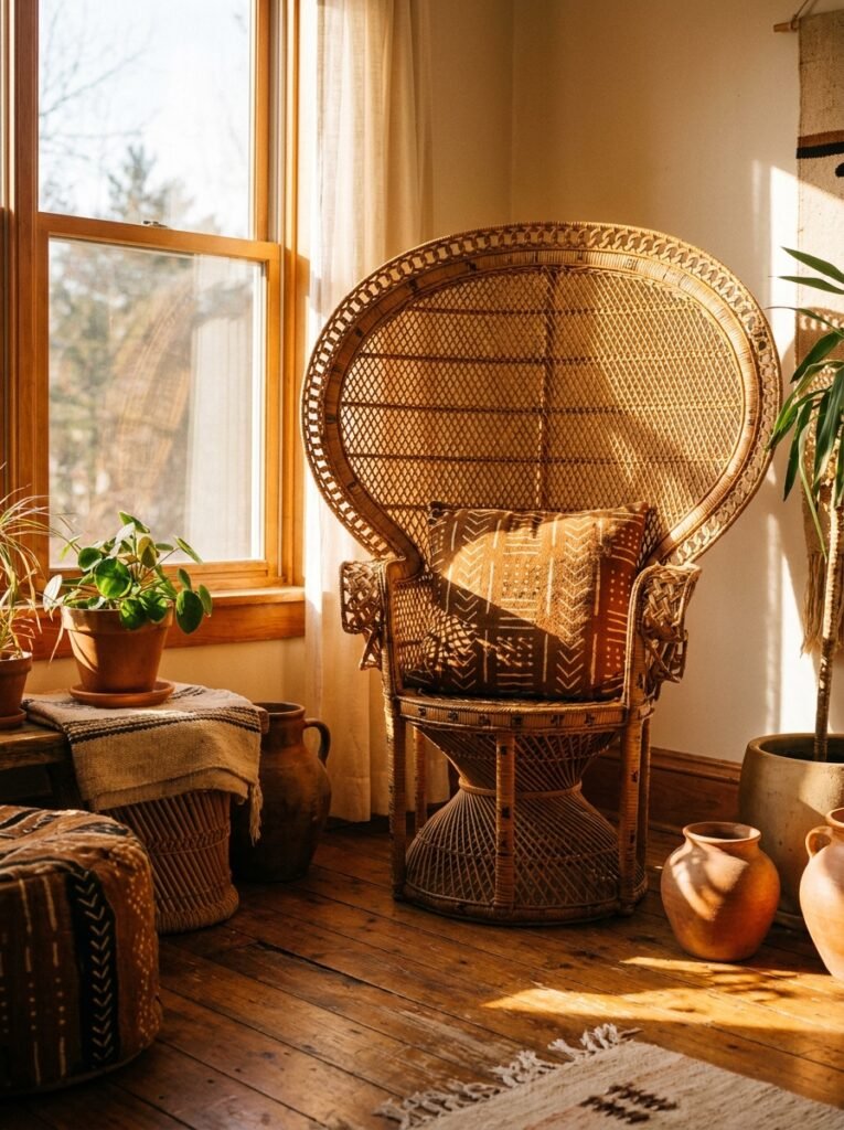 Vintage rattan peacock chair with mudcloth cushion in a corner