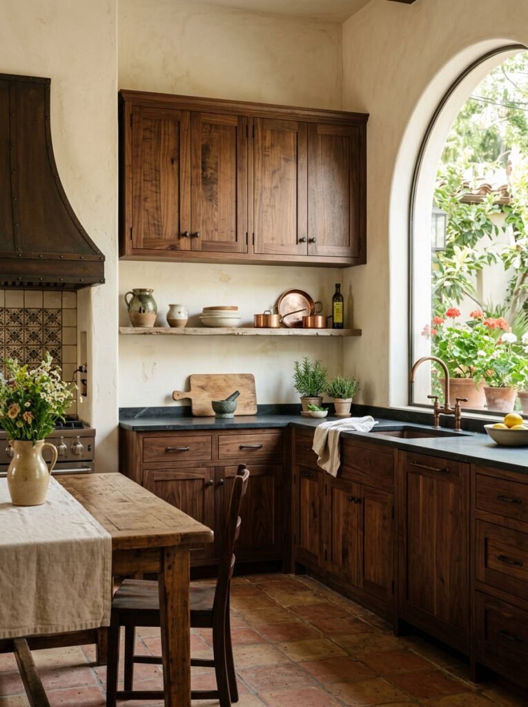 Deep walnut cabinets in a Spanish style kitchen