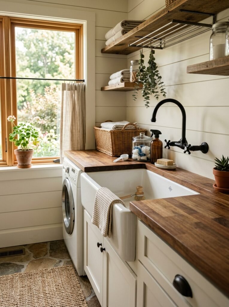 White apron front utility sink with black bridge faucet