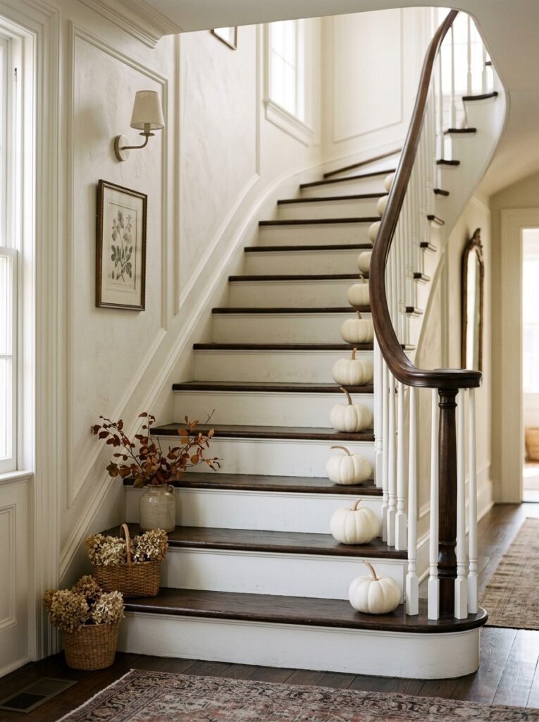 white pumpkins on staircase steps 