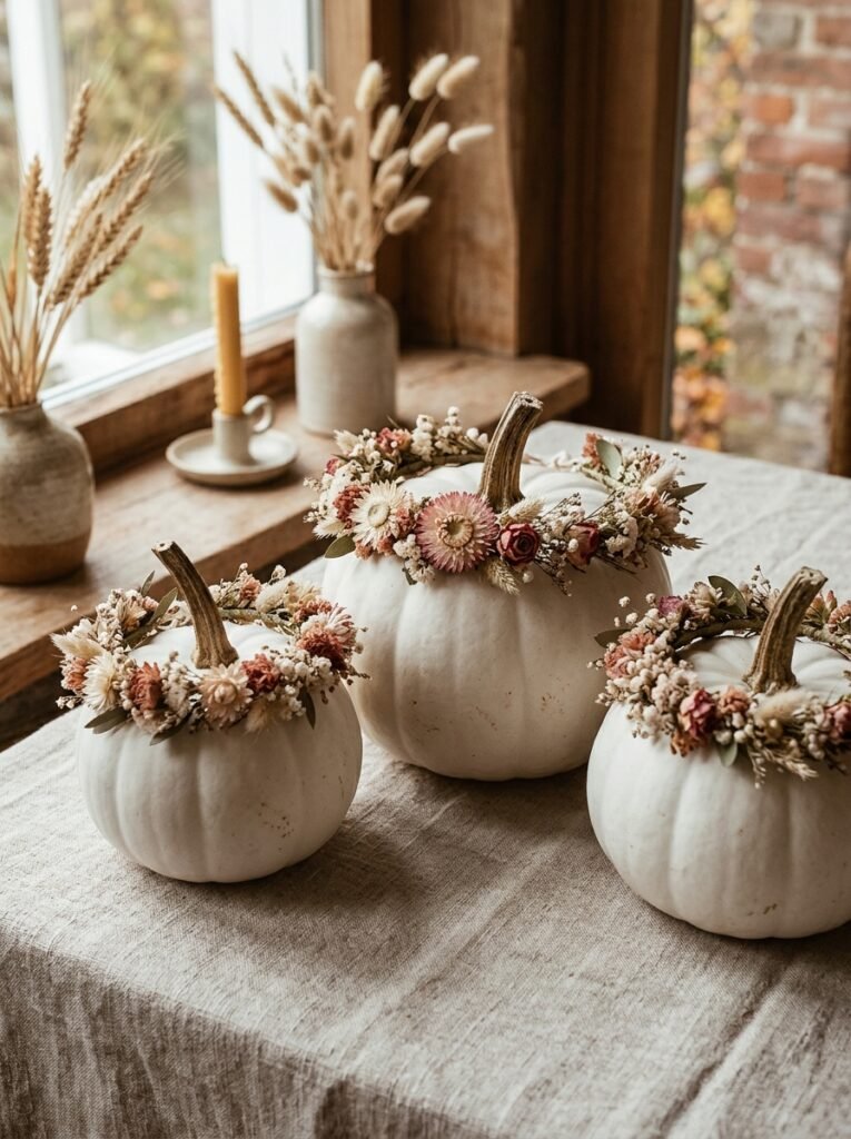 White pumpkins topped with crowns of dried flowers on a linen table
