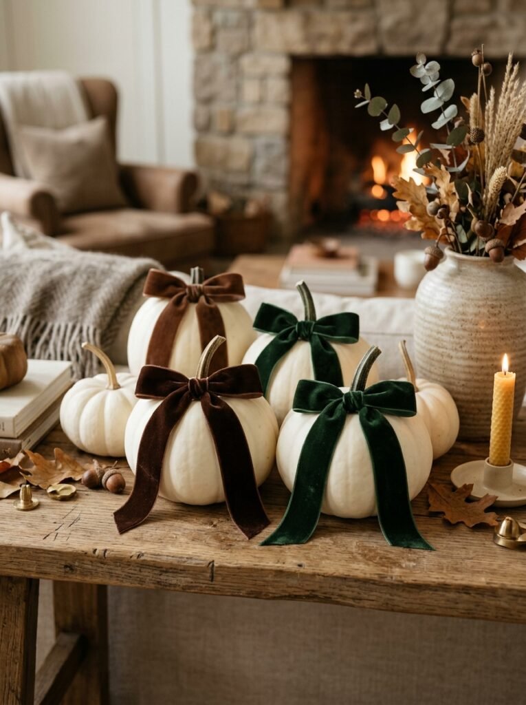 white pumpkins with velvet ribbon 
