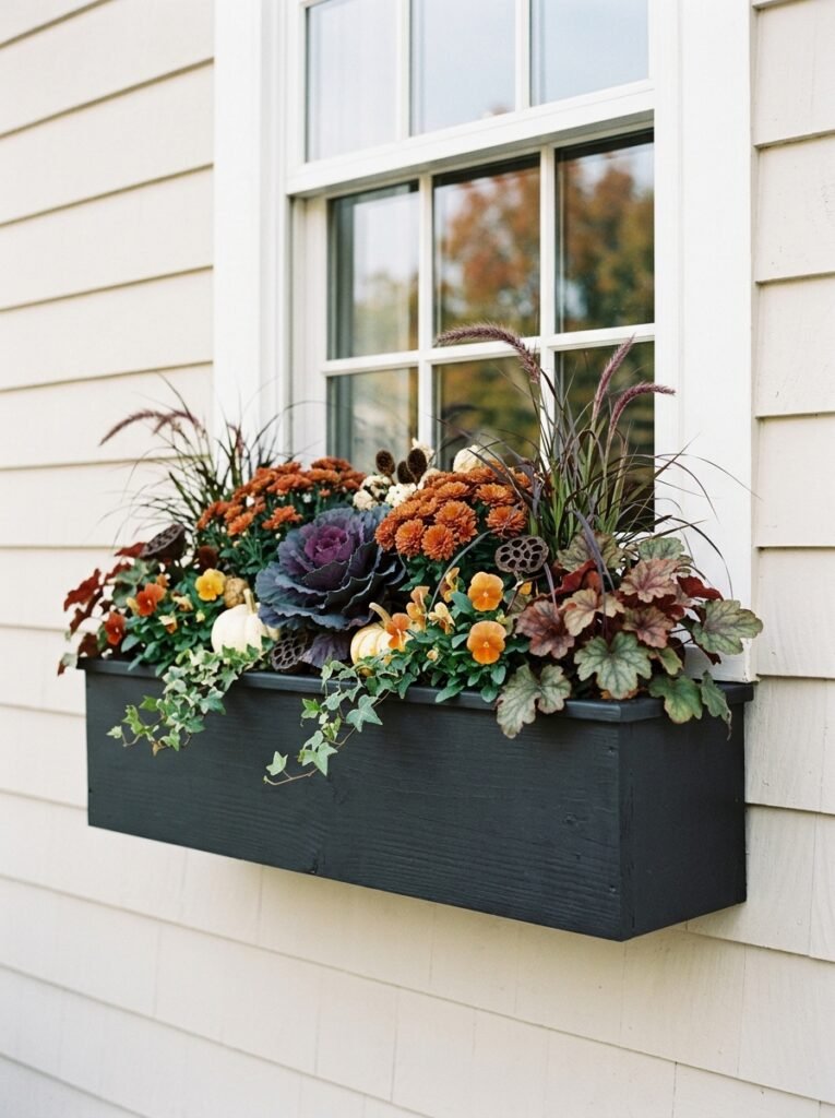 Modern matte black painted exterior window box contrasting sharply with crisp autumn plant styling.