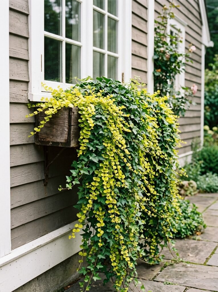 A spiller only fall window box planter idea featuring thick cascading green ivy and trailing creeping jenny creating a lush waterfall effect.