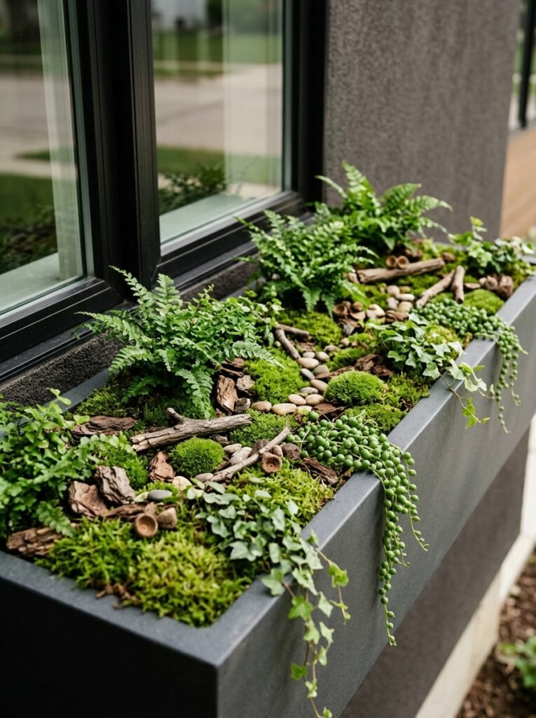 Woodland style autumn window box using green sheet moss and natural wood bark pieces as a clean soil cover.