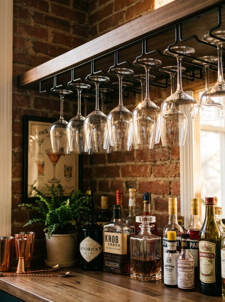 wine cocktail glasses hanging up… 