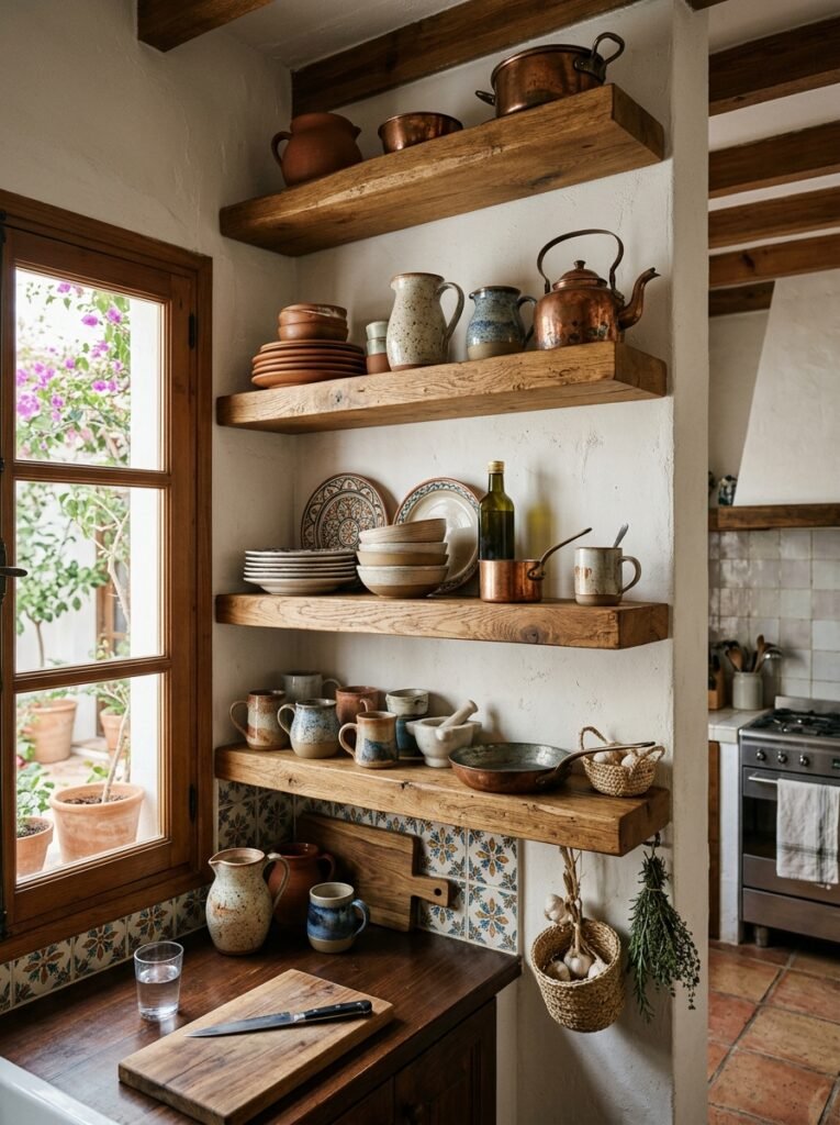 Open wood shelves with ceramics and copper in a Spanish kitchen