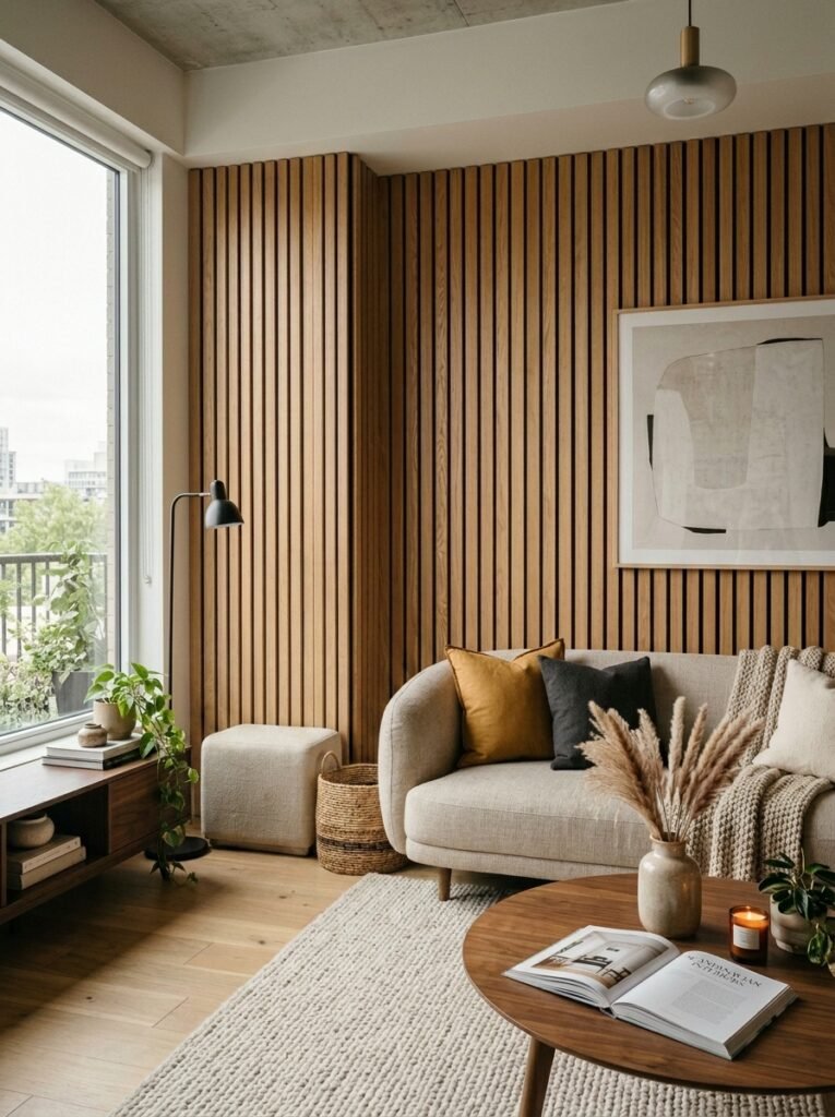 wood slat panels on walls 