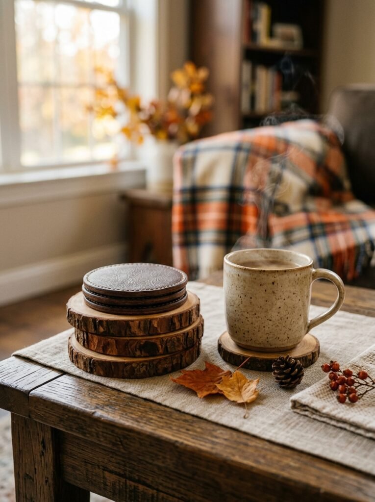 Wood slice coasters beside a mug on a fall coffee table