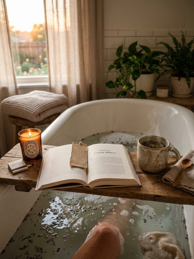 Wooden bath tray with candle and book across a tub