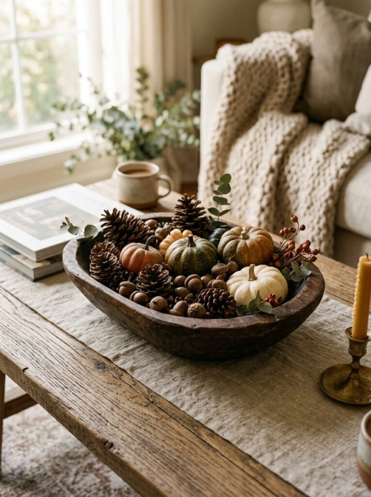 Wooden bowl of pinecones, acorns and gourds on a coffee table