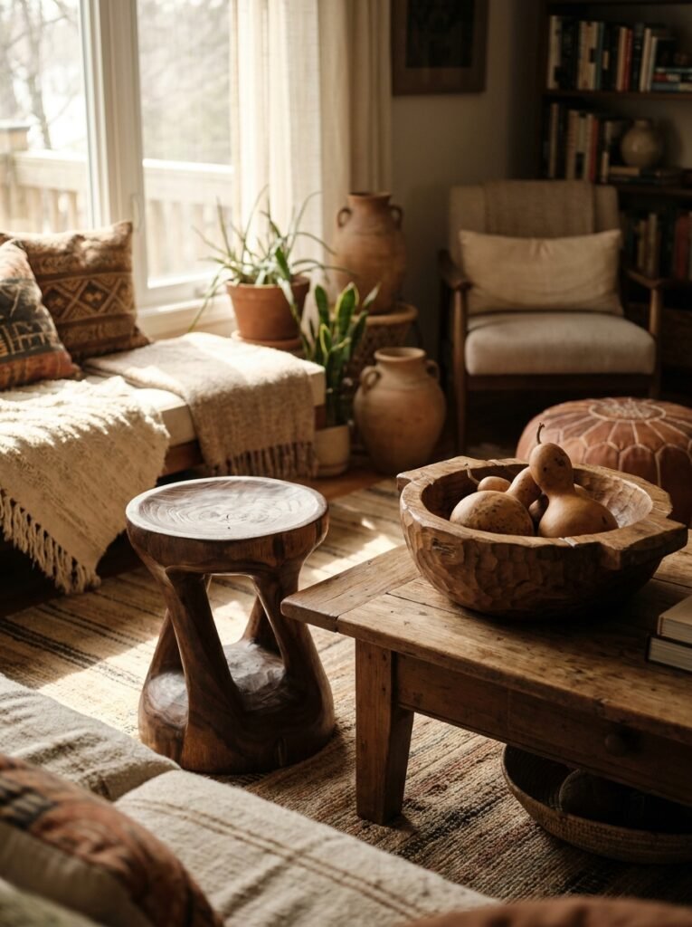 Hand-carved wooden stool and bowl in an afrohemian living room