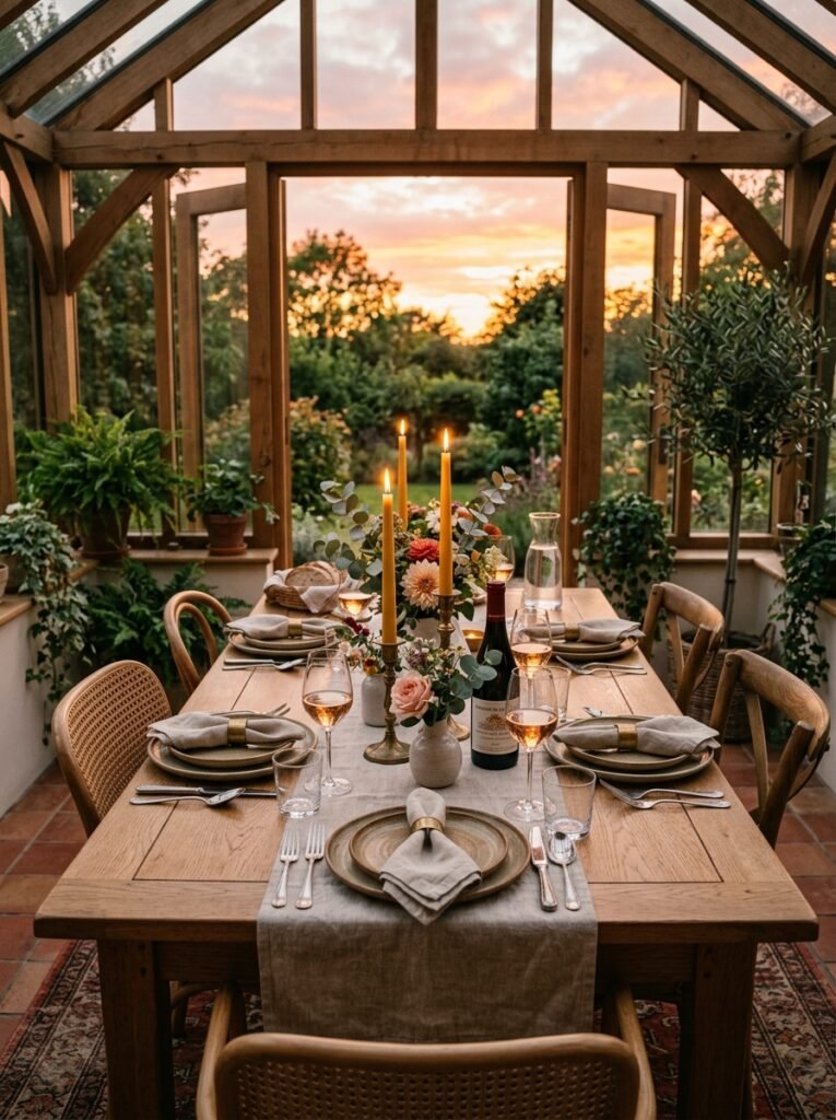 wooden dining table set dinner in sunroom