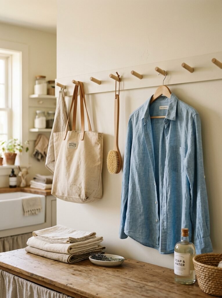 Wooden Shaker peg rail above a laundry room counter