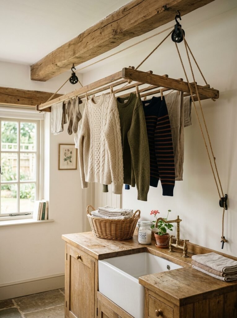 Ceiling mounted pulley drying rack in a laundry room
