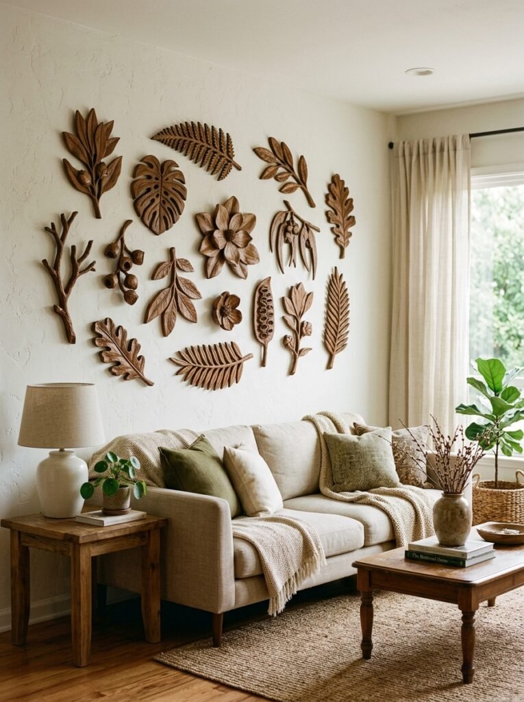 wooden sculptures as wall decor 