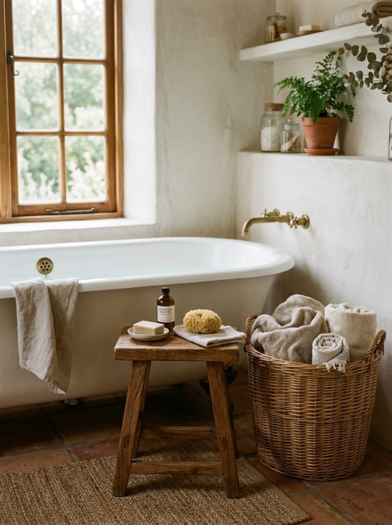 wooden stool beside bathtub