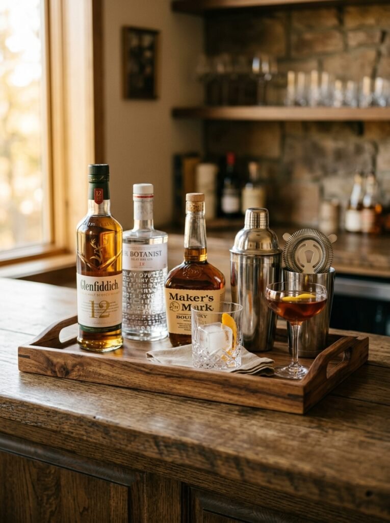 wooden tray with bottles and 