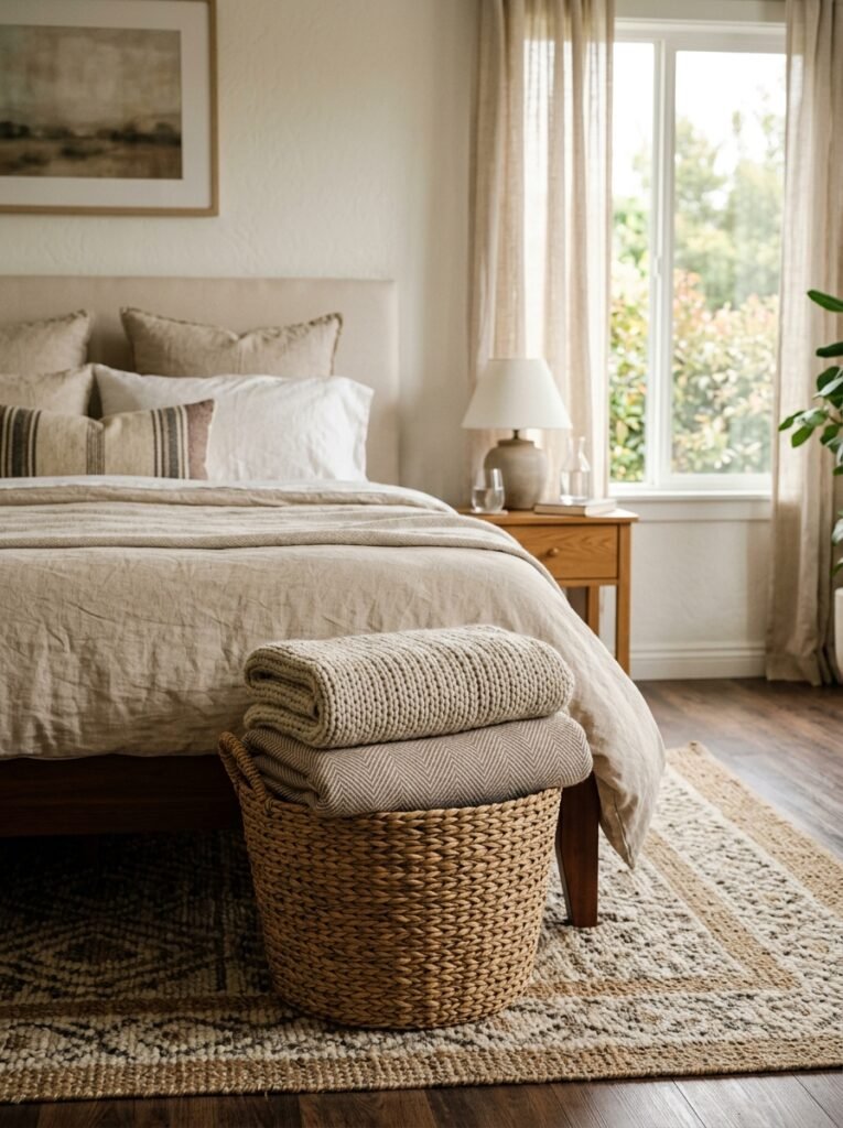 woven basket on guest bed 