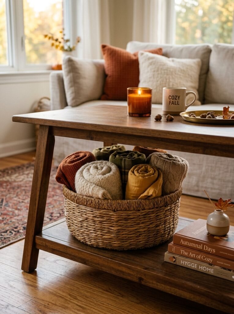Woven basket with throw blankets on a coffee table shelf