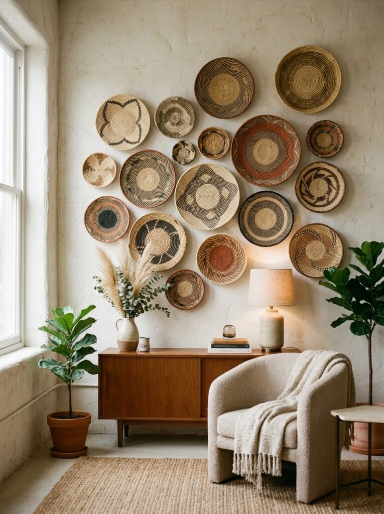 woven baskets as wall decor 
