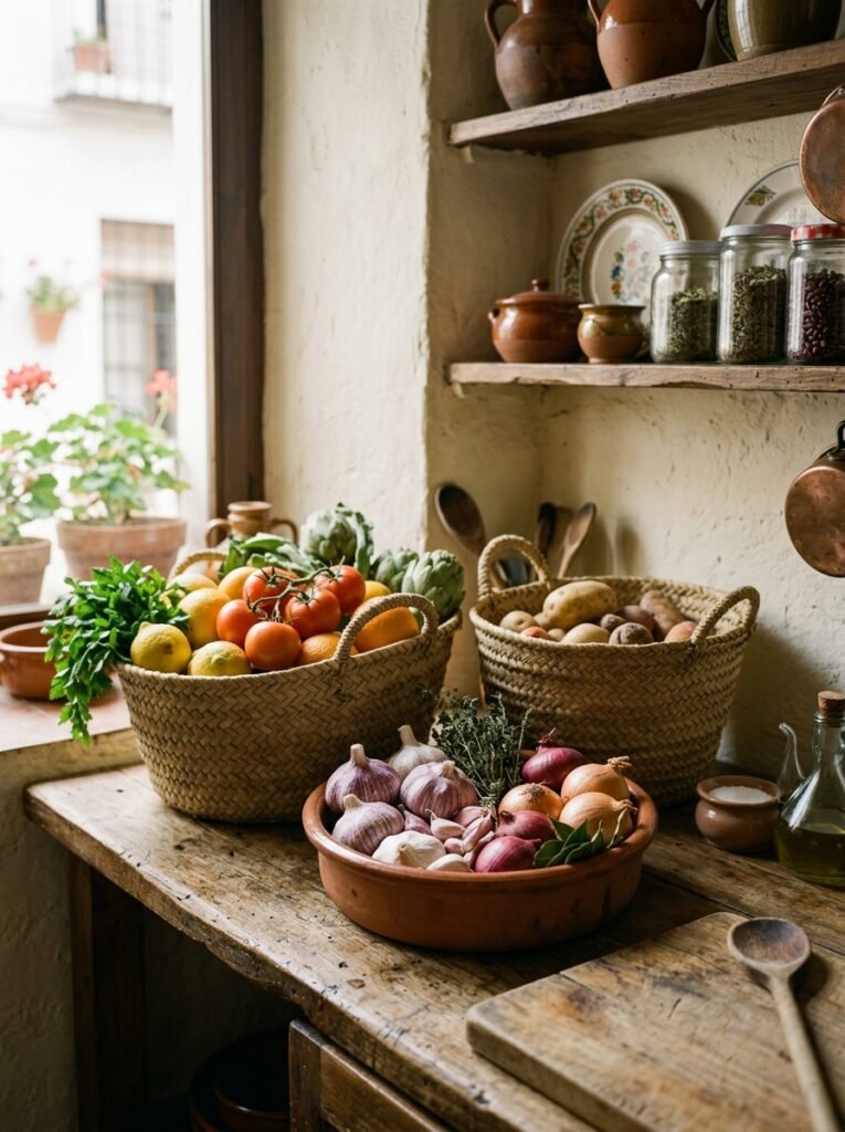 Woven baskets and clay bowl on a Spanish kitchen counter