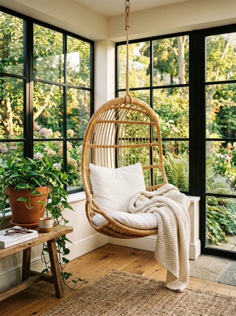 woven rattan egg chair in sunroom 