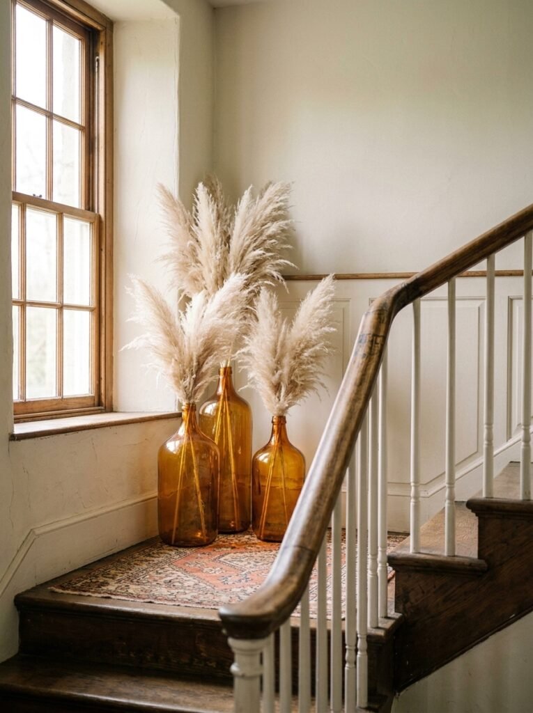Amber glass jugs with pampas grass on a stair landing