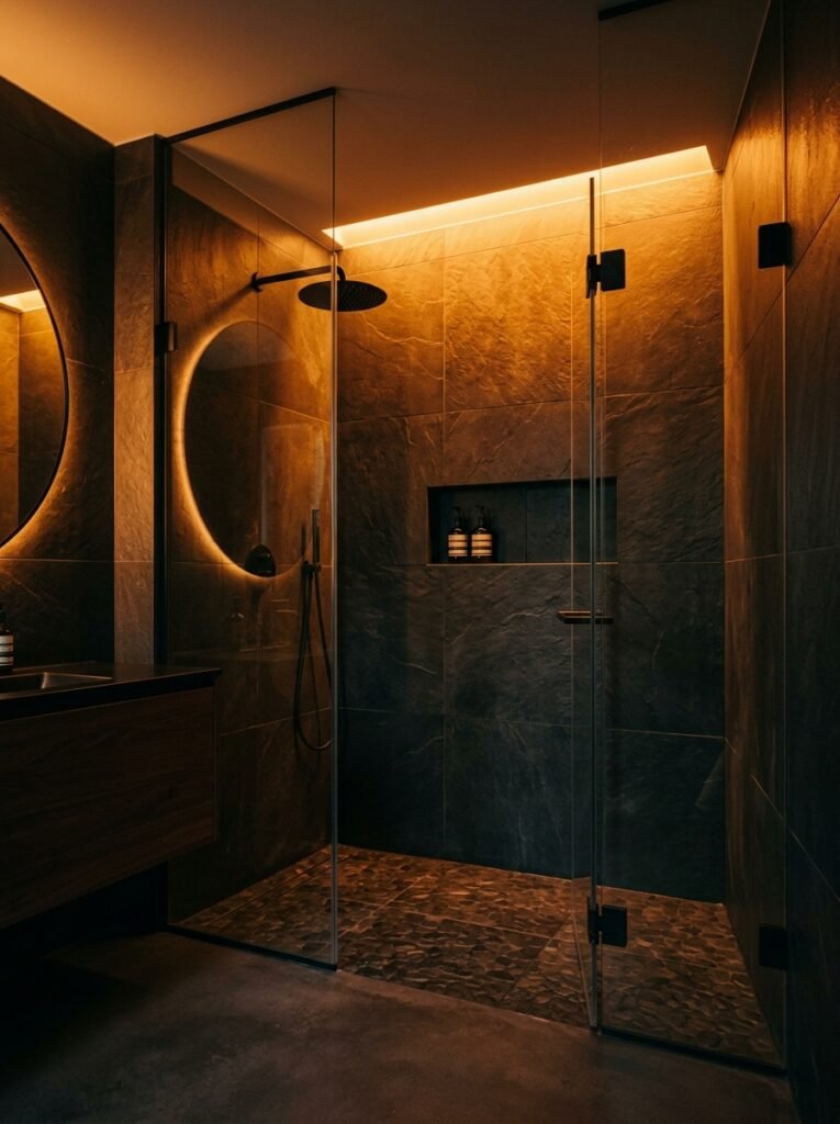 Color changing LED lighting in a tiled shower
