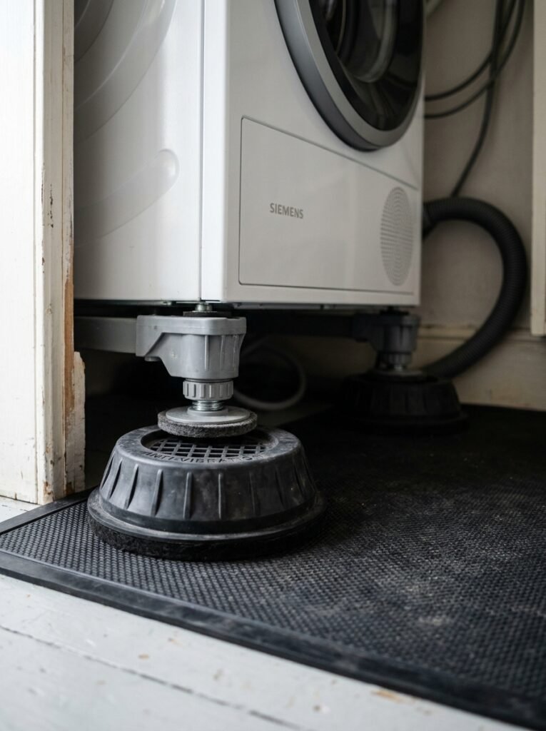 Anti-vibration pads under a washing machine inside a cabinet