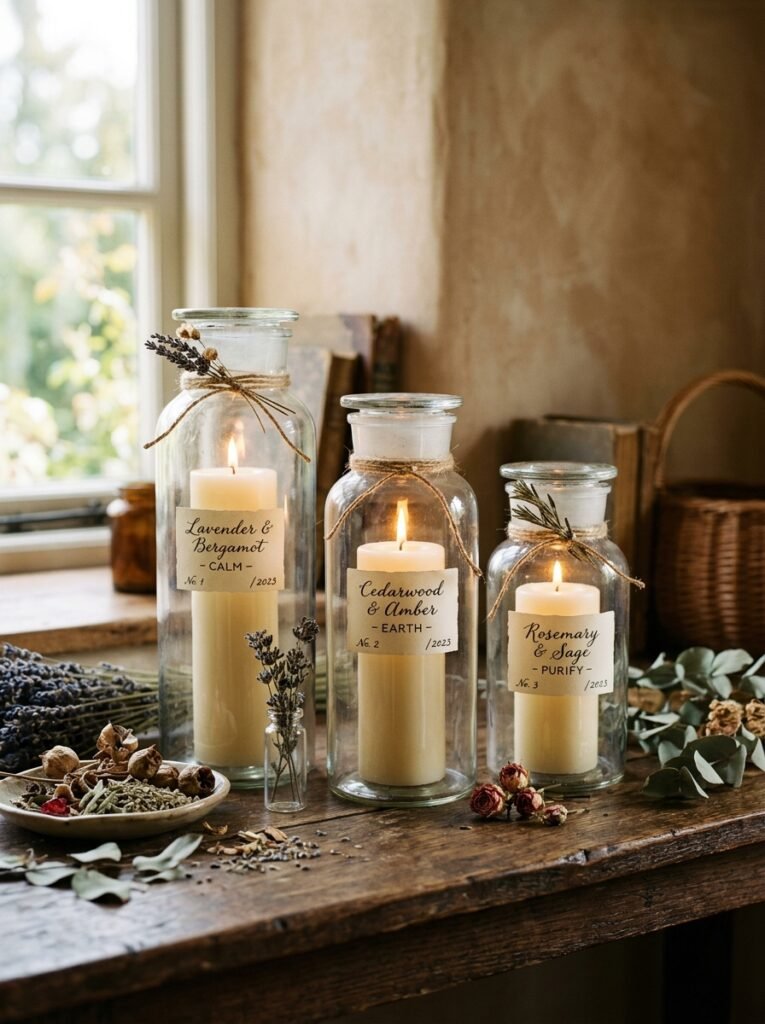 Apothecary jars with pillar candles and handwritten labels